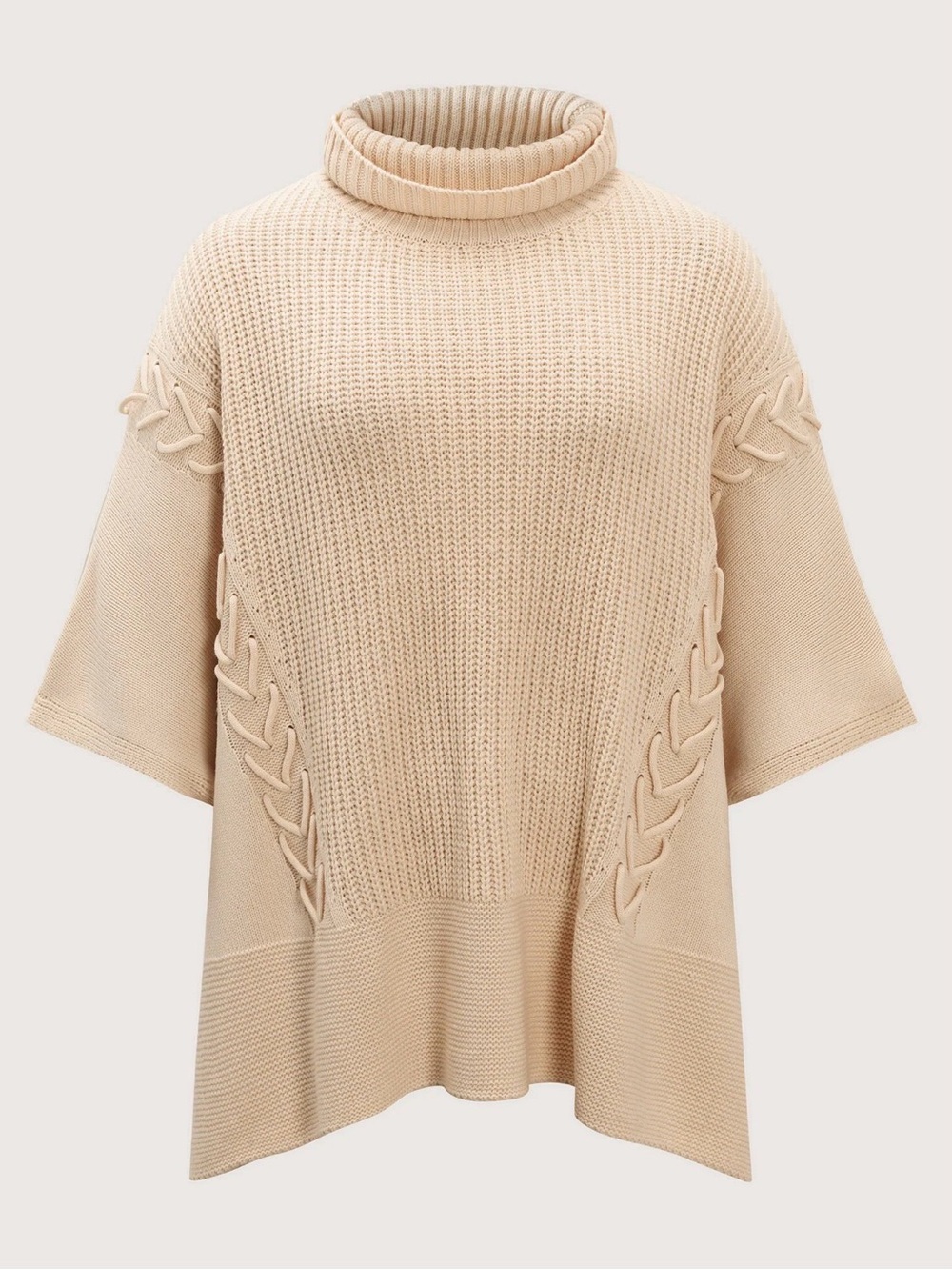BloomChic Cream Cable-Trim Turtleneck Poncho Sweater